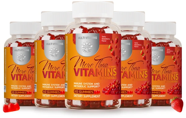 Five bottles of More Than Vitamins gummies