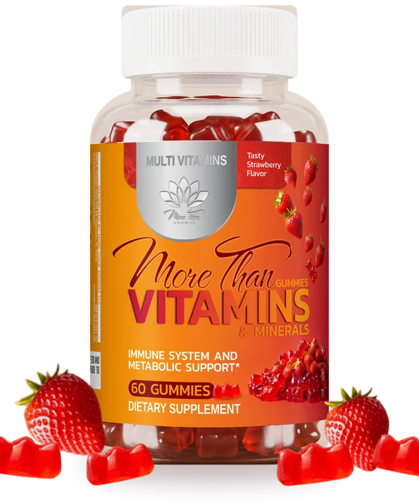 More Than Vitamins sugar-free gummies bottle with strawberries and red gummy bears