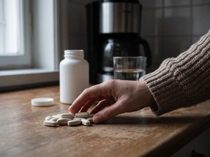 Hand pushing away large chalky vitamin tablets next to a forgotten supplement bottle on a kitchen counter
