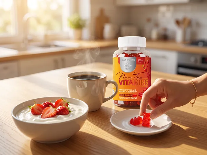 Breakfast table with coffee, yogurt with strawberries, two red gummies on a saucer and the More Than Vitamins bottle