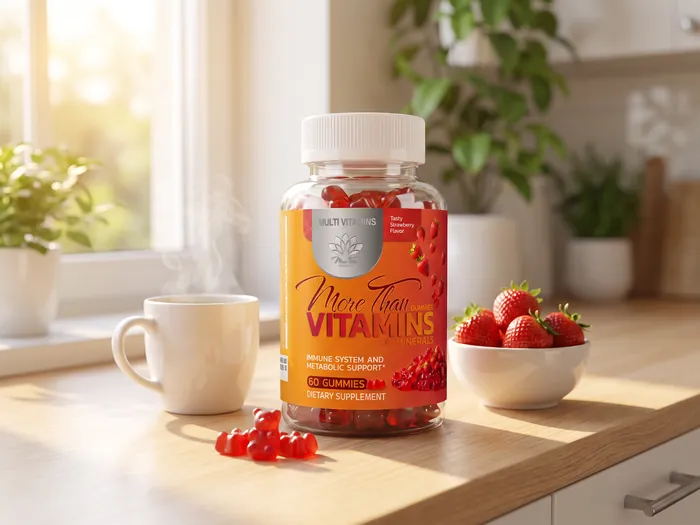 More Than Vitamins bottle on a sunny kitchen counter with a coffee mug, strawberries and red gummies