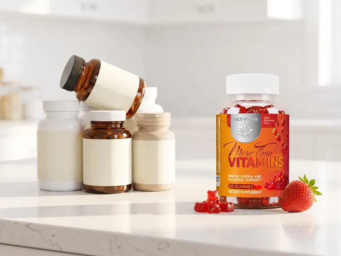 A cluster of plain supplement bottles next to one More Than Vitamins bottle with strawberry gummies